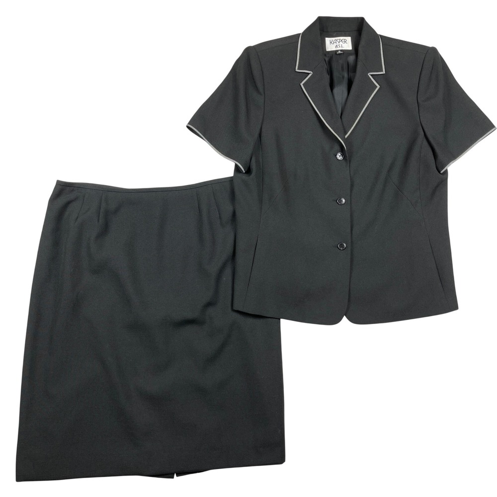 Kasper ASL Skirt Suit Womens 16 Black Short Sleeve Blazer Pencil Skirt Vintage